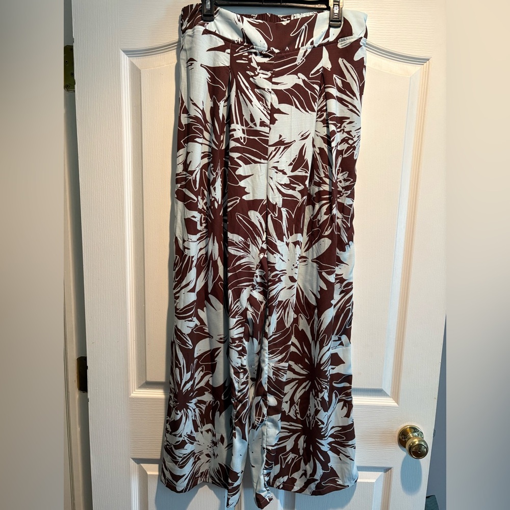 Haute Monde Cream and Brown Floral Wide Leg Pants